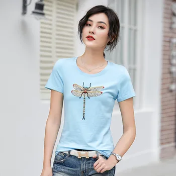 Značka Módní Dámské High-end Luxusní Letní Diamond Korálkové Vážky-Krátký rukáv T-shirt Top Tees