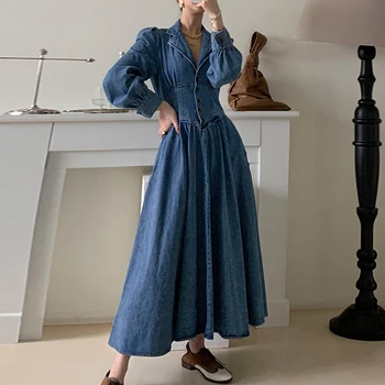 Francouzský styl vintage puff rukáv džínové šaty ženy v-neck vysokým pasem slim big swing dlouho-line šaty
