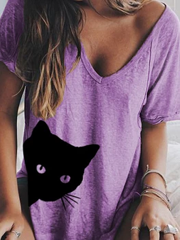 Tričko ležérní letní kotě tisk T košile 2020 Nové pro ženy kreslený neformální t-košile lady krátký rukáv topy V-Neck tees triko