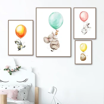 Balón Králík, Ježek, Myš, Opice, Nástěnné Umění Malířské Plátno Nordic Plakáty A Tisky, Obrazy Na Stěnu Dívka, Chlapec, Děti Pokoj Dekor