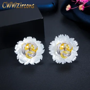 CWWZircons 2 v 1 Design Přírodní Shell, Květina Žlutá CZ Kámen Velký Stud Náušnice pro ženy Módní Značka, Jedinečné Šperky CZ684
