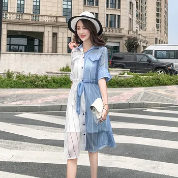 Nové Letní 2018 Ženy Šifónové Šaty 2 Ks Pruhované Šaty Středně Dlouhé Módní Kontrastní Barvě Elegantní Dámské Slim Šaty