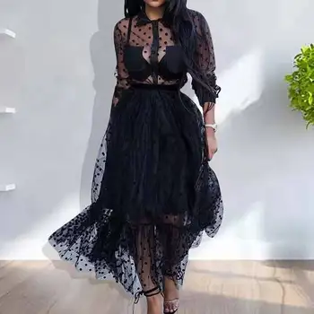 Vysoce Kvalitní Elegantní Dámské Puff Sleeve Šaty Krajka Síťované Body Černé Šaty Ženy, Sexy Říše Maxi Šaty Robe Vestidos De Fiesta