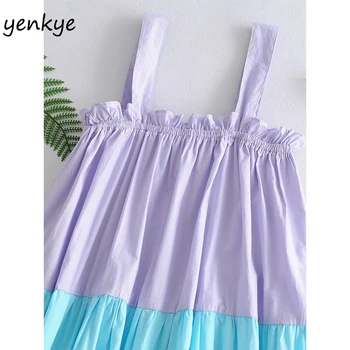 Vintage Kontrastní Barvy Sexy Popruh Šaty Ženy Bez Rukávů Vratový Big Swing Letní Šaty Skládaný Loose Neformální Oblečení