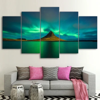Plátno Wall Art Pictures Home Dekor Pro Obývací Pokoj 5 Kusů Island Aurora Obrazy Modulární HD Otisky Sopky Plakát Rámce