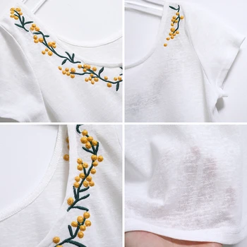 Jastie-Krátký rukáv Prádlo T-shirt Květinové výšivky Zpět Elegantní Dámské Top Kulatý Výstřih Svetry Ležérní Top Tričko Blusa 2020
