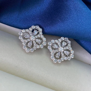 OEVAS 925 Sterling Šumivé Full High Carbon Dutý Diamant Čtyři Leaf Clover Stud Náušnice Pro Ženy Jemné Šperky Dárek