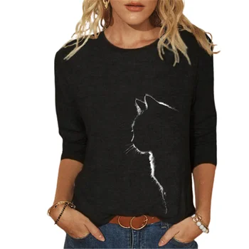 Plus Velikost 4XL Umělecké Roztomilý Kočka 3D Tištěné Tričko Dámské Top O-Neck Černá Modrá Dlouhý Rukáv Jaro Ležérní Volné Ženy T-shirt