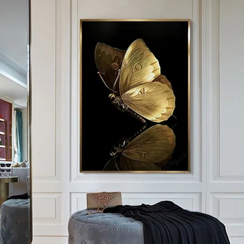 Zlatý Motýl Plakáty A Tisky Moderní Umění Malířské Plátno Luxusní Nástěnné Umění Černé a Zlaté Nástěnné obrázky Pro Obývací Pokoj Dekor