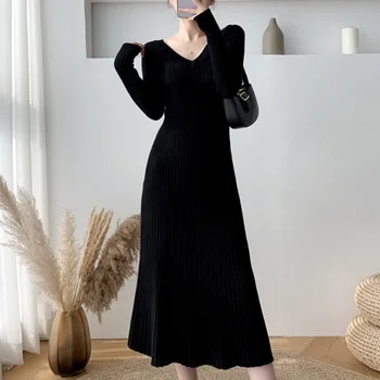 Vysoce Kvalitní Ležérní V-neck Ženy Vlněný Svetr Šaty Korean Elegantní Štíhlá Žena Aline Dlouhé Šaty Vestidos Pletené 2021 Nové Jaro