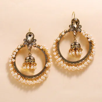 Indické Bollywood Gold Crystal Ruční jhumka Jhumki Etnické Náušnice Šperky pro Ženy Velký Střapec Afghánské Pearl Drop Náušnice