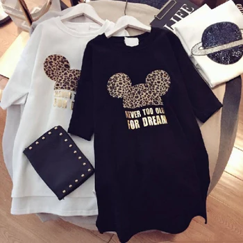 2020 Ženy Letní Šaty Minnie Mickey Leopard Kreslený Krátký Rukáv Černá Bílá Neformální Mini Módní Volné Big Plus Velikost Šaty
