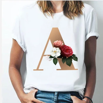 Vogue 26 abeceda Zlatý dopis ženy T-shirt Harajuku A Do Z Abecedy kombinace květina Krátký Rukáv ležérní korejský Styl Vrcholy
