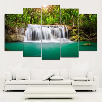 Deštný prales A Vodopád Krajina Malování na Zeď, Umělecké Plátno, Tisk 5 panelů Customsized Obrázky Pro Obývací Pokoj,Ložnice