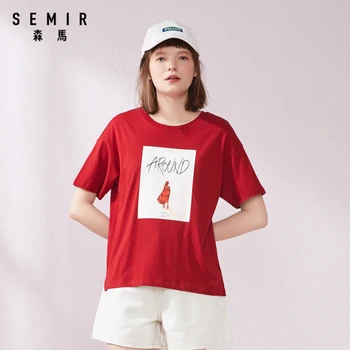 SEMIR Ženy letní tričko 2020 nové tištěné drop rameno topy komfort bavlna, kolem krku krátký rukáv ležérní trička pro lady