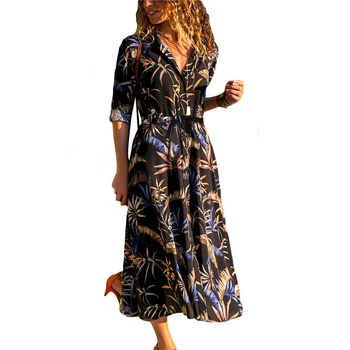 Letní Šaty 2020 Ženy Ležérní Tisk Dlouhý Rukáv Tričko Šaty Elegantní Kancelářské Dámy Šaty Módní Split Maxi Šaty pro Volný čas 3XL