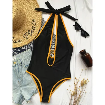 INGAGA 2021 Vrhat Plavky Plavky Ženy Obvaz Halter Plavky Plavky Černé s hlubokým Výstřihem Kombinézu plavky Plážové oblečení