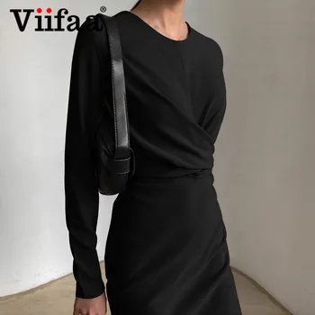 Viifaa Meruňkové Elegantní Criss Cross Vysokým Pasem Slim Jarní Šaty pro Ženy O-Neck Dlouhý Rukáv Ženské Koleno Délka Šaty 2021