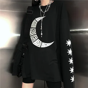 2019 Nové Módní Ženy T-shirt Harajuku Retro Sun Moon Tištěné O-krk Volný Top Tees Streetwear Temné Gothic trička Unisex