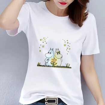 Ženy Casual Ropa Mujer Roztomilé Grafické T-shirt Plussize Vtipné Kreslené Moomin v Létě T-košile Módní Docela Topy Bílých Odpališť