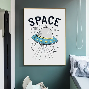 Dětský Pokoj Wall Art Plakát Malířské Plátno Nodic Dekor Karikatura Astronaut Kosmická Raketa Obrázek Děti Ložnice Dekorace