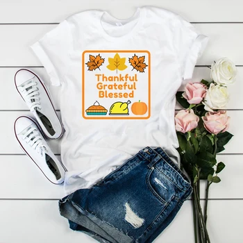 Ženy Grafický Dopisy Dýně Vděčný, Vděčný Požehnaný den Díkůvzdání Dámy Top Tričko Ženy Dámské Oblečení T Tričko T-shirt