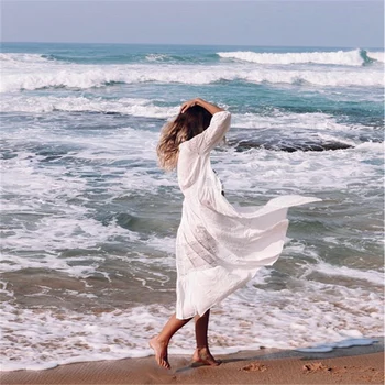 Elegantní Dámské Bavlněné Tuniky Letní Móda Long Beach Šaty Sexy Patchwork Krátký Rukáv Přední Otevřené Bílé Roucho Šaty, parea Q561