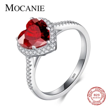 Mocanie Romantické 925 Sterling Silver Geometrický Střih Červená Crystal Ring pro Ženy se Zirkony Snubní prsteny, Originální Šperky Značek