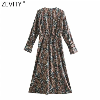Zevity Nové Dámské Vintage V Krku Kešu Ořechy Tisk Elastický Pás Kimono Midi Šaty Femme Retro Ležérní Slim Line Vestido DS4828