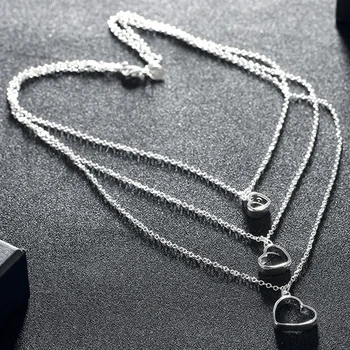 925 Stříbrné Srdce Triple Layer Řetězce Náhrdelníky Pro Ženy, Svatební Šperky Dárek