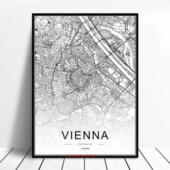 Rakousko Vídeň Mapa Města, Plakát, Černá a Bílá Moderní Umění Malířské Plátno Domova Nástěnná Dekorace Pokoje Otisky Domova