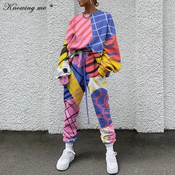 Ženy patchwork Mikina 2 Ks Sada Ženského Legrace Tisk Design Suit Tepláky 2020 Podzim Volné svetry a dlouhé kalhoty sady