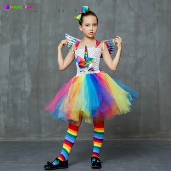 Jednorožec Princezna Kostým Dívky Rainbow Tutu Šaty Set s Křídly a Ponožky pro Děti Narozeniny, Halloween Party Tylu Šaty