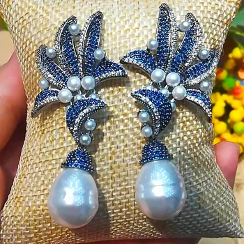 GODKI Luxusní Houpat Náušnice pro Ženy, Svatební Shell Pearl Květina Plná Crystal Zirkon Dubaj Svatební Náušnice Módní Šperky