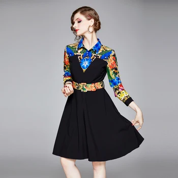 2020 jaro léto nové módní retro dámské šaty s dlouhými rukávy květinové tisk pás černé šaty