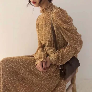 Ženy Neformální Podzimní Šaty Korejský Styl Lady Vintage Květinové Tištěné Šifon Košile Šaty Dlouhý Rukáv Midi Letní Šaty Vestido