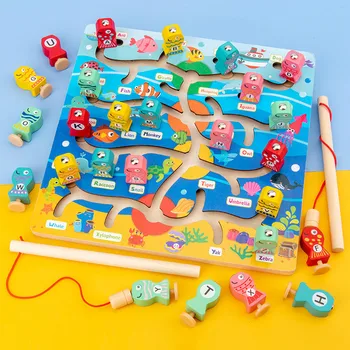 Montessori Dřevěné Hračky Magnetické anglický dopis, Rybaření Hračka 26 Abeceda Poznání slova odpovídající Učení Hraček Pro Děti