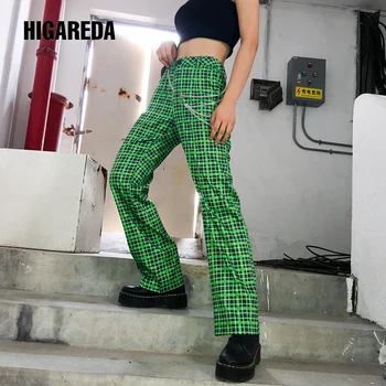 HIGAREDA Kostkované Kostkované Kalhoty Ženy Harajuku Neformální Rovné Dámské Kalhoty Baggy Vysoký Pasu Zelená Běžců Streetwear 2020