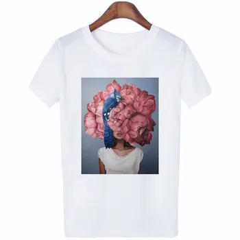 Plus Velikost Letní Ženy, Pár T-shirt Ležérní Topy Květiny, Peří Tisk Vogue Harajuku Ulzzang Estetické Camisetas Verano Mujer