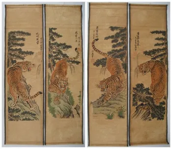 ( 4 Ks ), Vynikající Archaistic Čínský svitek malba - Tygři