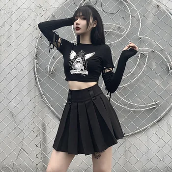GothGirl Punk Módní T-shirt Ženy Dlouhý Rukáv vydlabat Krajky Grafický Print Top Tees Streetwear Černé T košile Ženy