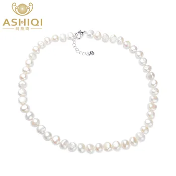 ASHIQI Přírodní Bílé Barokní perlový náhrdelník Náhrdelník 9-10mm Skutečné Sladkovodní pearl šperky pro ženy, Módní dárek