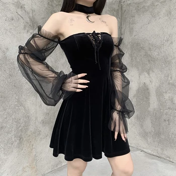 InsDoit Vintage Gothic Sexy Černé Šaty Goth Elegantní Off Rameno Vysokým Pasem Mini Šaty Ženy Obvaz Vydlabat Party Šaty