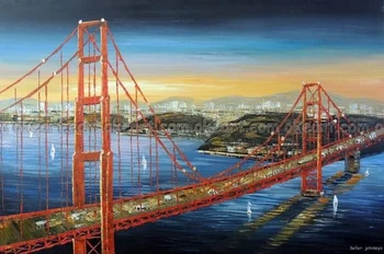 Ručně malované Golden Gate Bridge Brilantní Oranžové Slunce San Francisco Bay olejomalba doprava zdarma Vysoce kvalitní
