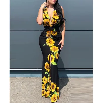 2020 Nové Módní Sexy Rukávů Bodycon šaty, Ženy, Dámy Propad Slunečnice Tisk Štěrbinou Maxi Šaty