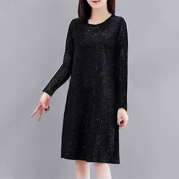 Nové ženy sexy šaty černé dlouhý rukáv šaty A-line šaty party elegantní o-krk módní šaty SS772