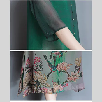Zelené Hedvábné Šaty S Knoflíky Neformální Polovina Rukáv Květinové Tisk Elegantní Čínské Maxi Šaty Pro Ženy 2021 Letní Šaty Plus Velikost