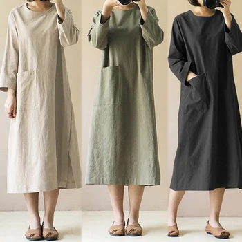 Ženy Volné Šaty Maxi Šaty v Dlouhý Úsek Velké Velikosti Dlouhý Rukáv Japonské Bavlny a ložní Prádlo Noční košile Khaki