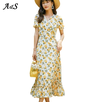 Anbenser Letní Značkové Citron Tisk Šaty Vintage Lady Retro Šaty V Krku Street Fashion Midi Rovné Šaty Šaty Ženy