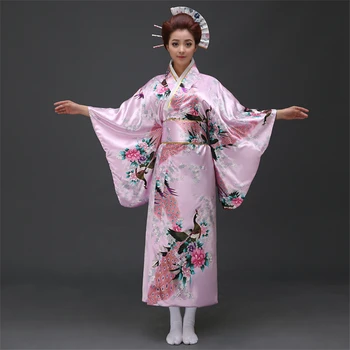 Tradiční Ženy Hedvábí Saténové Kimono Yukata S Obi Výkon Taneční Šaty, Japonské Cosplay Kostým Květina Růžové šaty topy